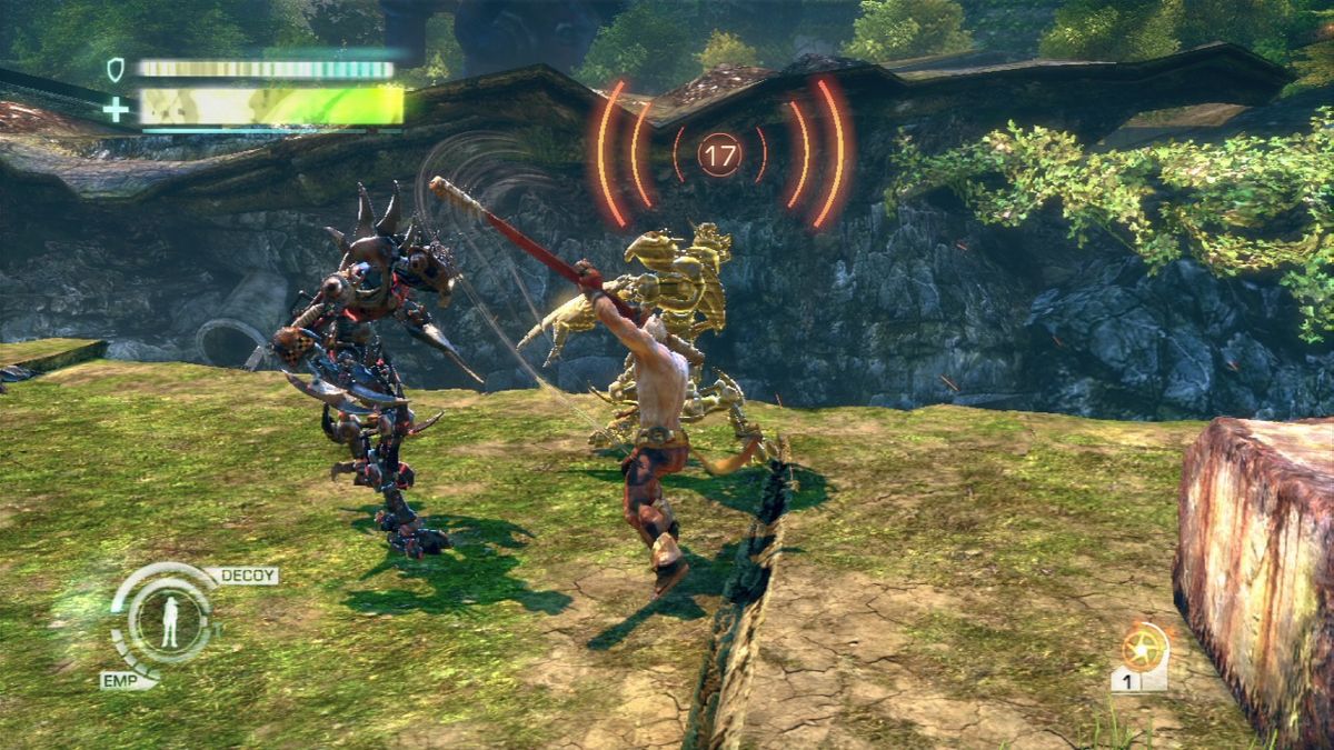 Enslaved: Odyssey to the West (PlayStation 3) screenshot: Some mechs will try and signal for reinforcements... destroy them before they get the chance.