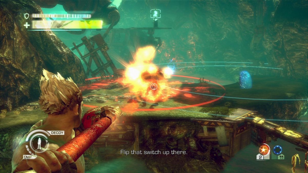 Enslaved: Odyssey to the West (PlayStation 3) screenshot: Staff weapon is a pretty powerful weapon, but ammo is scarce at best.
