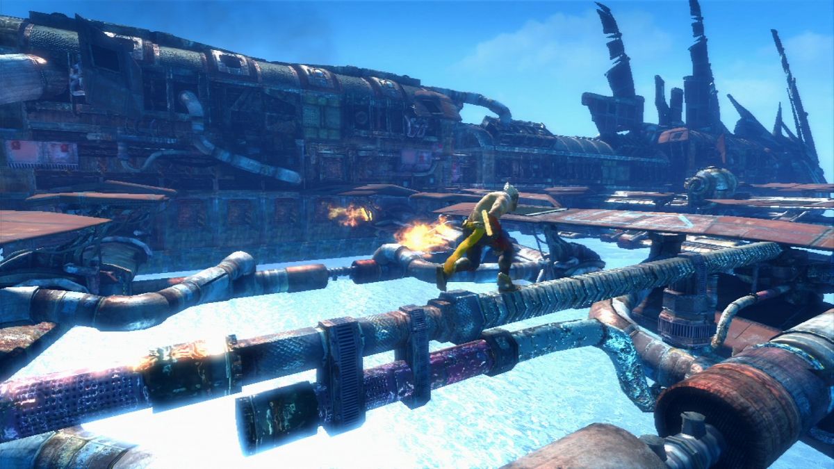 Enslaved: Odyssey to the West (PlayStation 3) screenshot: Running on ship's exterior while it's slowly descending towards impact.