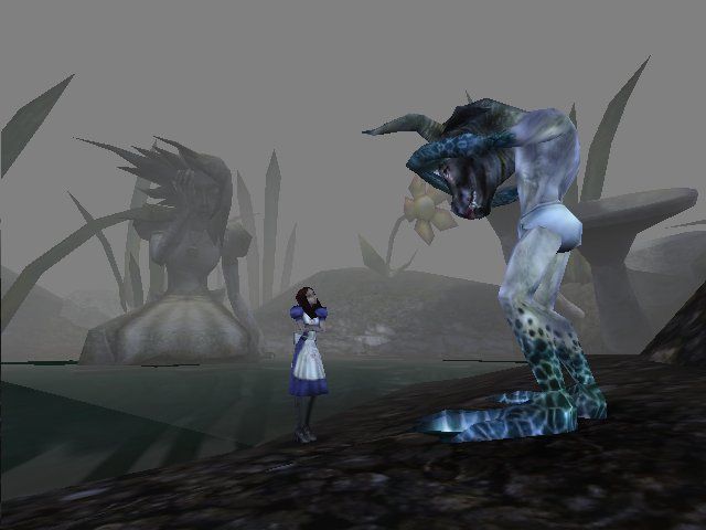 American McGee's Alice (Windows) screenshot: A crying turtle and a crying statue? Now I know why this place is called "Pool of Tear"