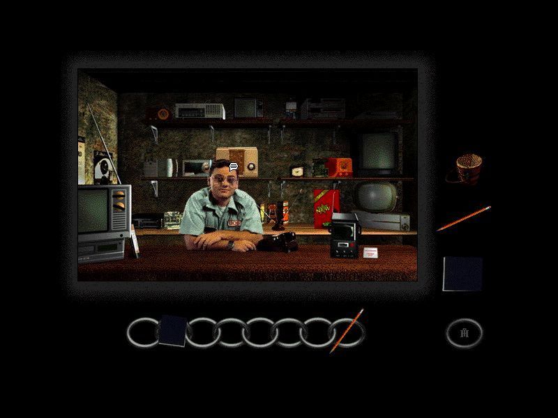 Connections (Windows) screenshot: This is the repairman. The mark on his face is a speech bubble indicating that the player can 'talk' to him