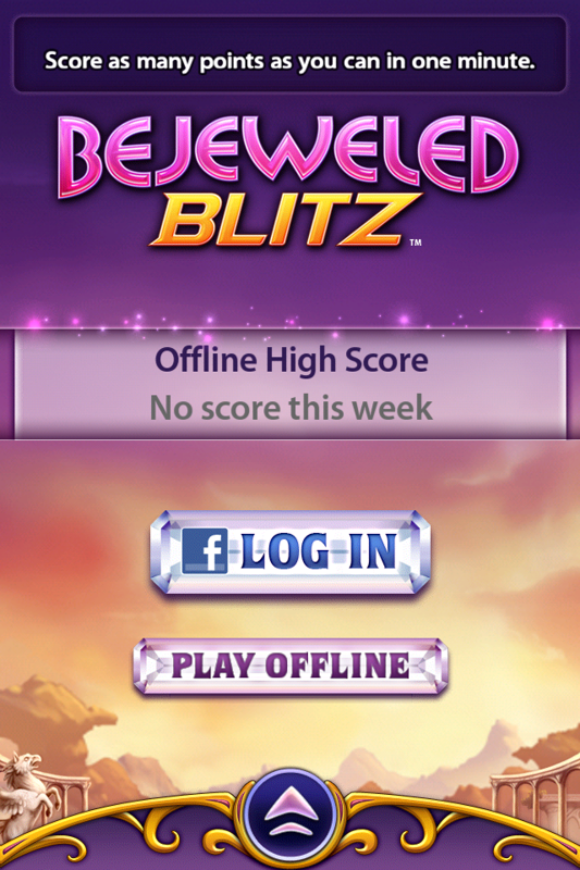 Bejeweled: Blitz (iPhone) screenshot: Main menu, not logged into Facebook.