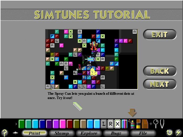 SimTunes (Windows) screenshot: ... which fils a lot of space very quickly. Oddly the 'music' produced by the spray can is very similar to my carefully crafted efforts.