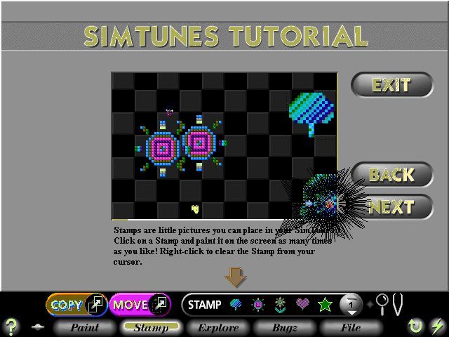 SimTunes (Windows) screenshot: Stamps are a kind of musical picture. The trees make for a good base line while the flowers are quite dainty.