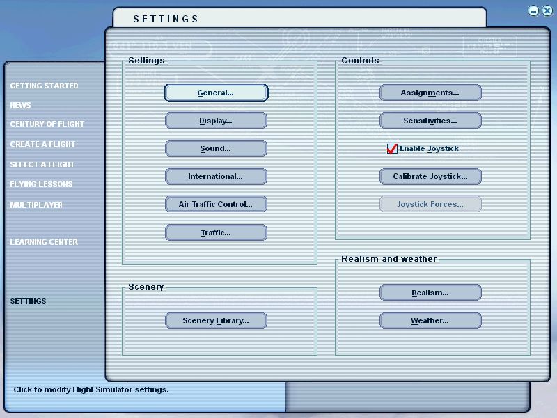 Microsoft Flight Simulator 2004: A Century of Flight (Windows) screenshot: The settings menu allows the player to adjust the keyboard command assignments, realism settings and much, much more