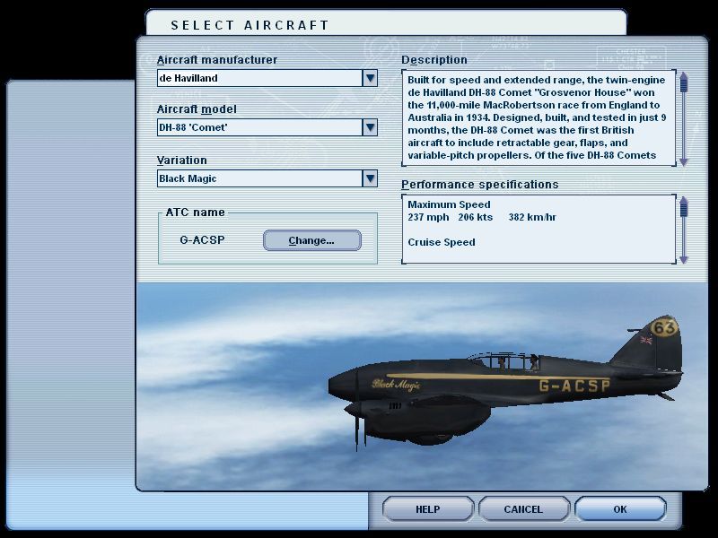 Microsoft Flight Simulator 2004: A Century of Flight (Windows) screenshot: Mid flight the player can access this menu from the menu bar and change the plane they're flying. This is the same plane selection screen that's used in the 'Create A Flight' section