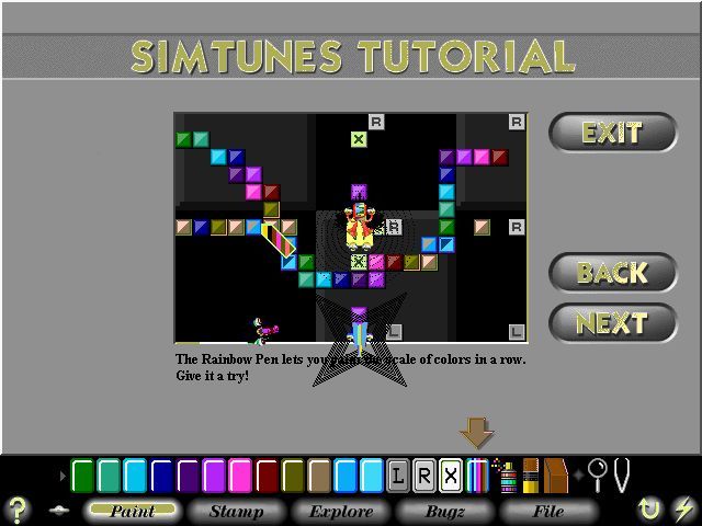 SimTunes (Windows) screenshot: The rainbow pen paints a series of gradually increasing notes, of course which order they are played in depends on the direction of the bug crawling over them.
