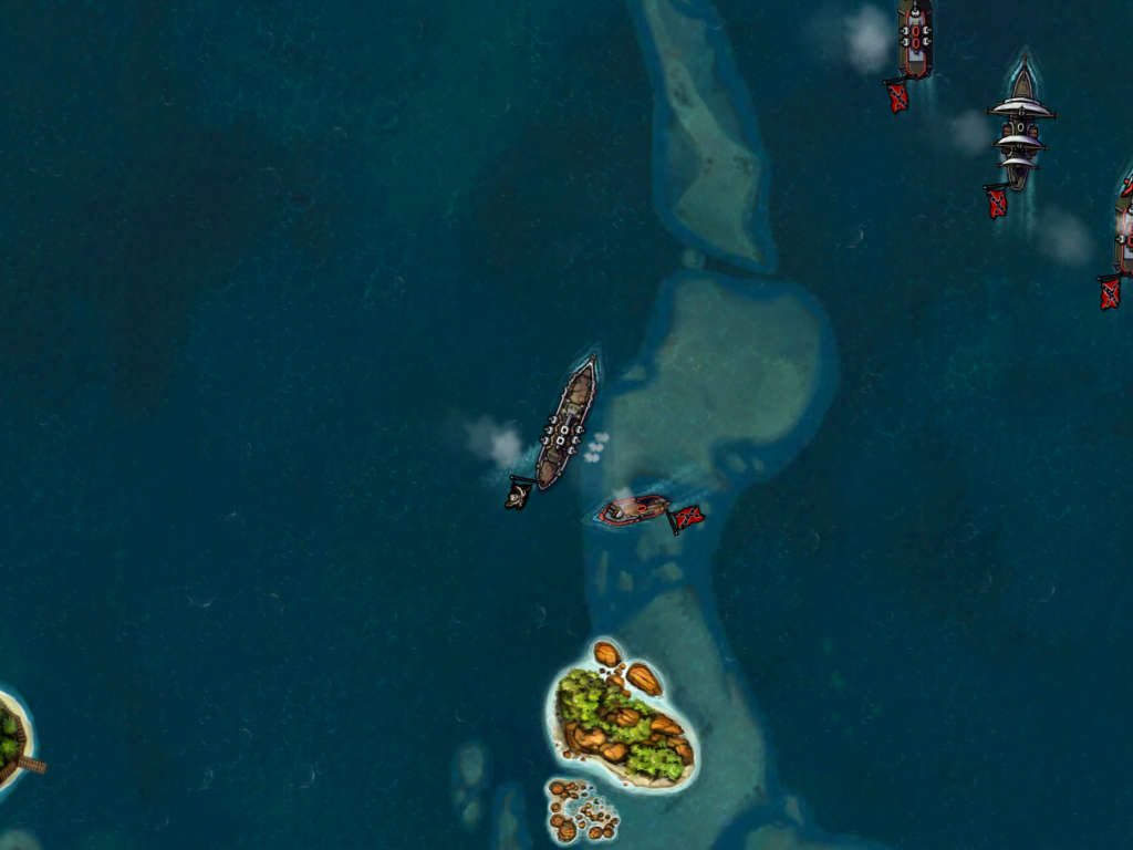 Crimson: Steam Pirates (iPad) screenshot: Exchanging shots with a Confederate escort ship while my prize escapes.