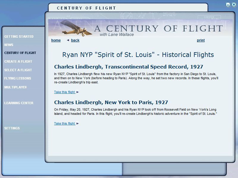 Microsoft Flight Simulator 2004: A Century of Flight (Windows) screenshot: The Spirit of St Louis has two historic flight links. In practice they are the same flight because selecting either one takes the player to the same flight in the Flight Selection menu.