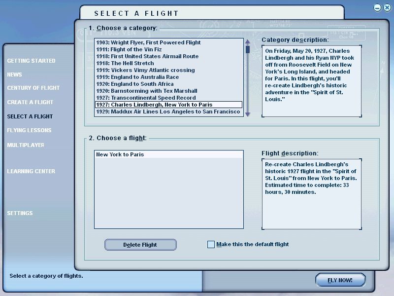 Microsoft Flight Simulator 2004: A Century of Flight (Windows) screenshot: The Flight selection menu showing the Spirit of St Louis' historic flight all pre-planned and ready to load.