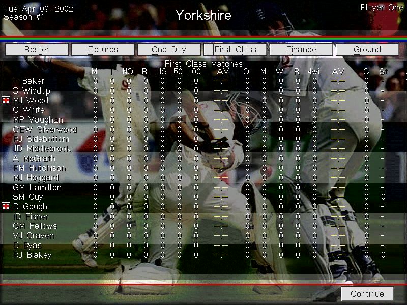 Michael Vaughan's Championship Cricket Manager (Windows) screenshot: From the Squad screen the manager can access First Class & One Day stats. Nothing present yet as no games have been played
