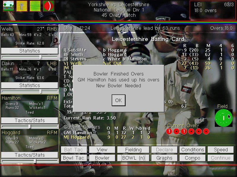 Michael Vaughan's Championship Cricket Manager (Windows) screenshot: Bowlers can only bowl so many overs before they must be changed.