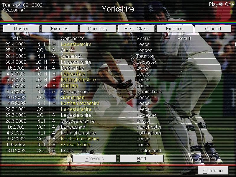 Michael Vaughan's Championship Cricket Manager (Windows) screenshot: From the Squad/Roster screen the manager can access all the upcoming fixtures. The home matches are in yellow