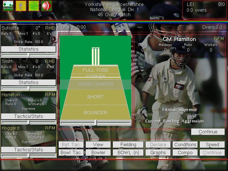 Michael Vaughan's Championship Cricket Manager (Windows) screenshot: Setting bowling tactics. It's a cloudy day so aggressive tactics may pay off