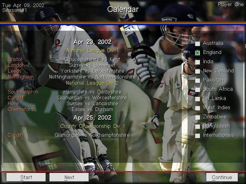 Michael Vaughan's Championship Cricket Manager (Windows) screenshot: From the main menu the Calendar option shows who's playing when
