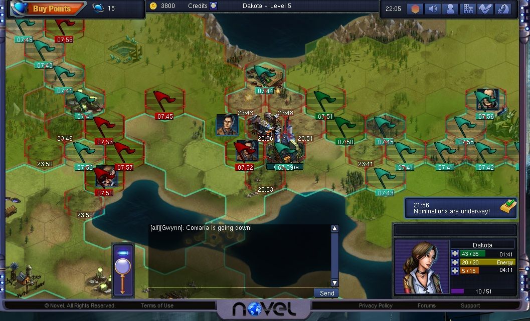 Empire & State (Browser) screenshot: Two empires fight along their borders, struggling to gain land and take control of the city.