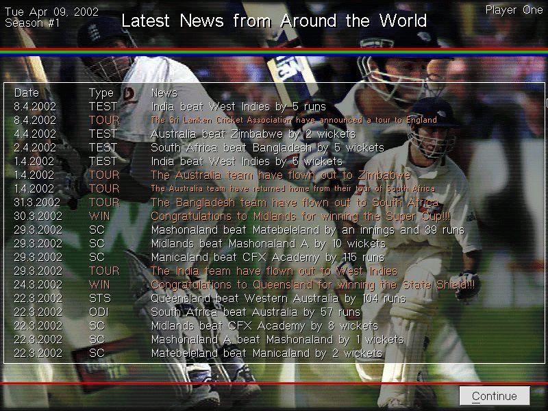 Michael Vaughan's Championship Cricket Manager (Windows) screenshot: The News option lists all results from matches played around the world