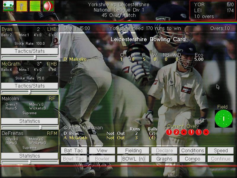 Michael Vaughan's Championship Cricket Manager (Windows) screenshot: Yorkshire are batting. This is another view the manager can use during the game, it shows the opposing team's bowling stats.