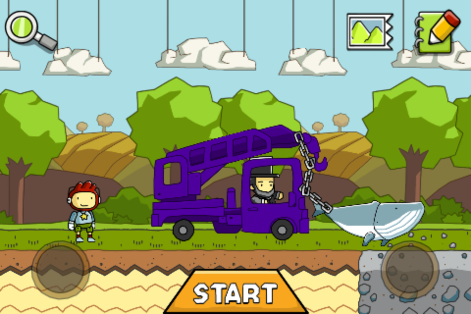 Scribblenauts Remix (iPhone) screenshot: And here's Abraham Lincoln towing a whale in his purple crane truck in the normal playground.