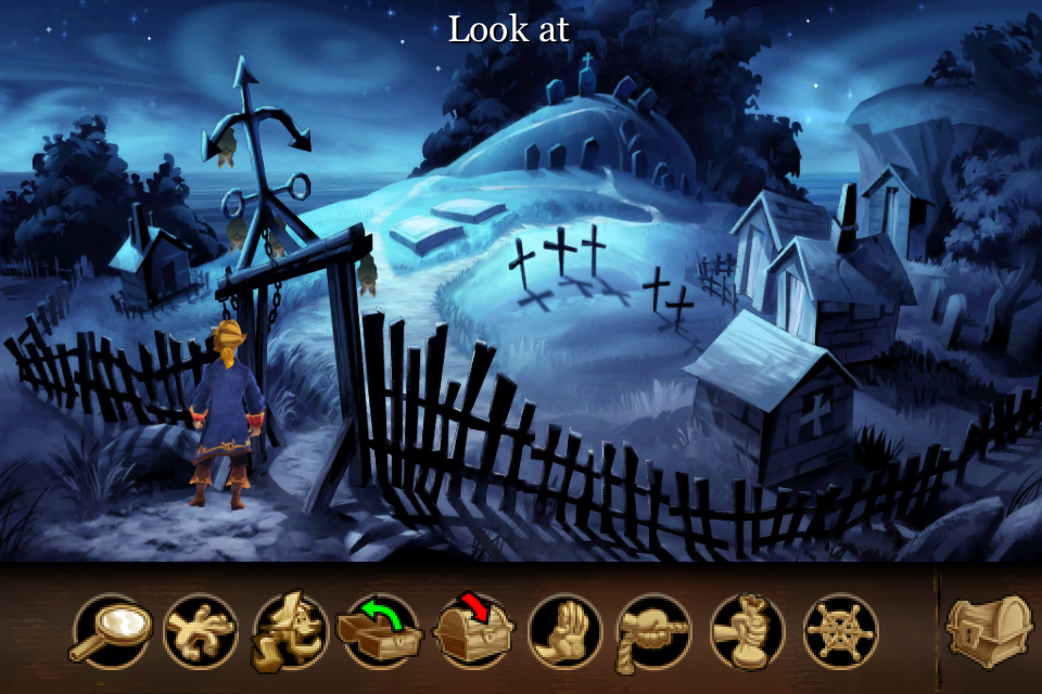 Monkey Island 2: LeChuck's Revenge - Special Edition (iPhone) screenshot: The graveyard. Spooky!