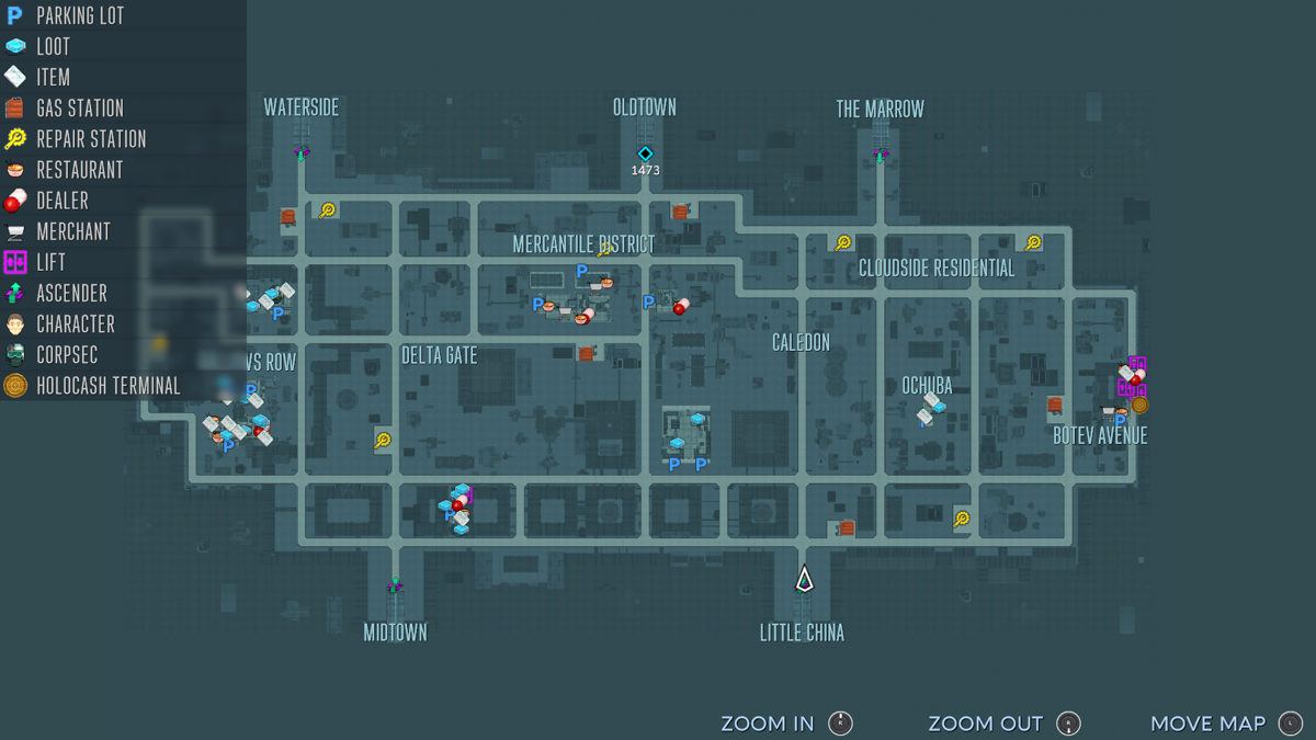 Cloudpunk (Windows) screenshot: Map of one of the sectors