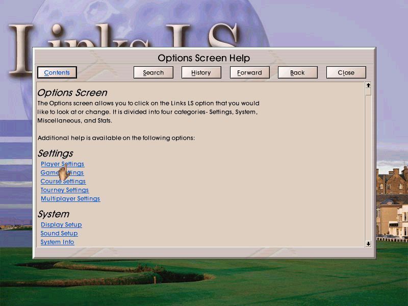 Links LS 2000 (Windows) screenshot: The Help facility is context sensitive. In the Options screen it brings up the section relevant to that screen, in other screens and in-game it brings up other sections