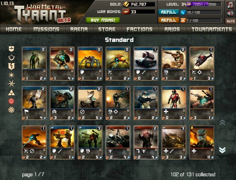 War Metal: Tyrant (Browser) screenshot: Player's card collection