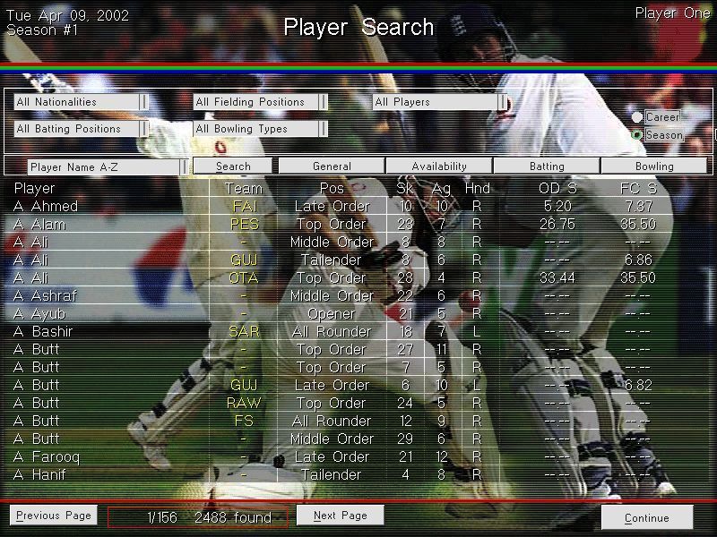 Michael Vaughan's Championship Cricket Manager (Windows) screenshot: The player Search function is used when looking to strengthen the squad. The list of players is enormous!