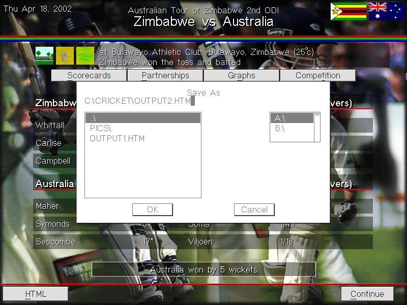 Michael Vaughan's Championship Cricket Manager (Windows) screenshot: As the manager advances through the game by pressing 'Continue' on the main menu they get results from other matches. These can be saved.