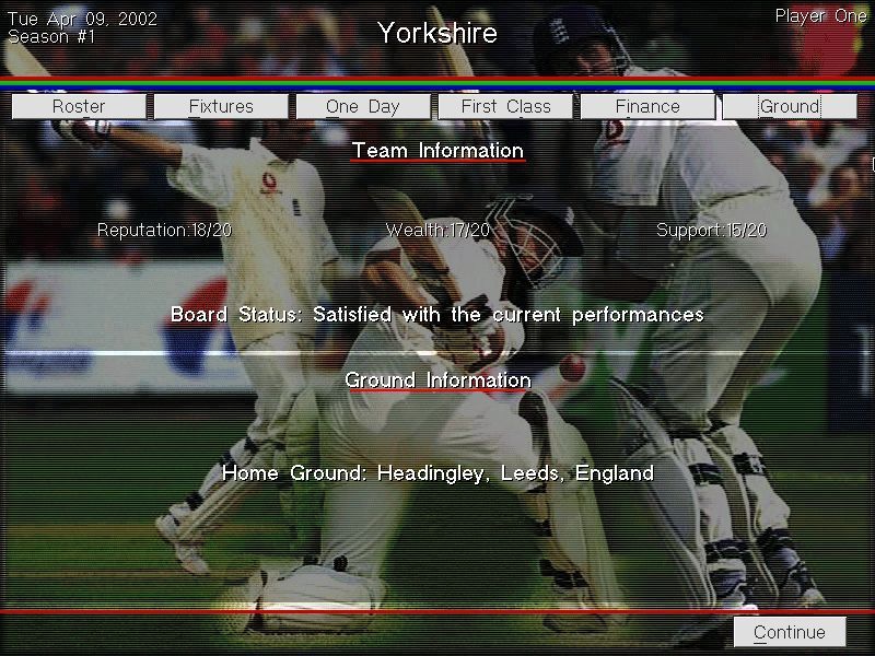 Michael Vaughan's Championship Cricket Manager (Windows) screenshot: Finally from the Squad screen there's the Ground information. Here there is the board's opinion. We've got high ratings and they're only 'satisfied'. It's tough to please Yorkshire folk.