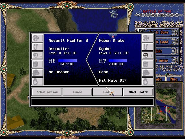Battle of the Youstrass (Windows) screenshot: A battle has been initiated. The enemy has no weapon currently available whereas has his beam weapon on-line. A character does not have to fight, they can guard or dodge.