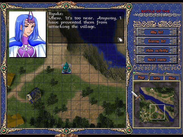 Battle of the Youstrass (Windows) screenshot: The battle is over and the village has been saved. It was only seven to one. The game's plot line also allows for the village to be destroyed.