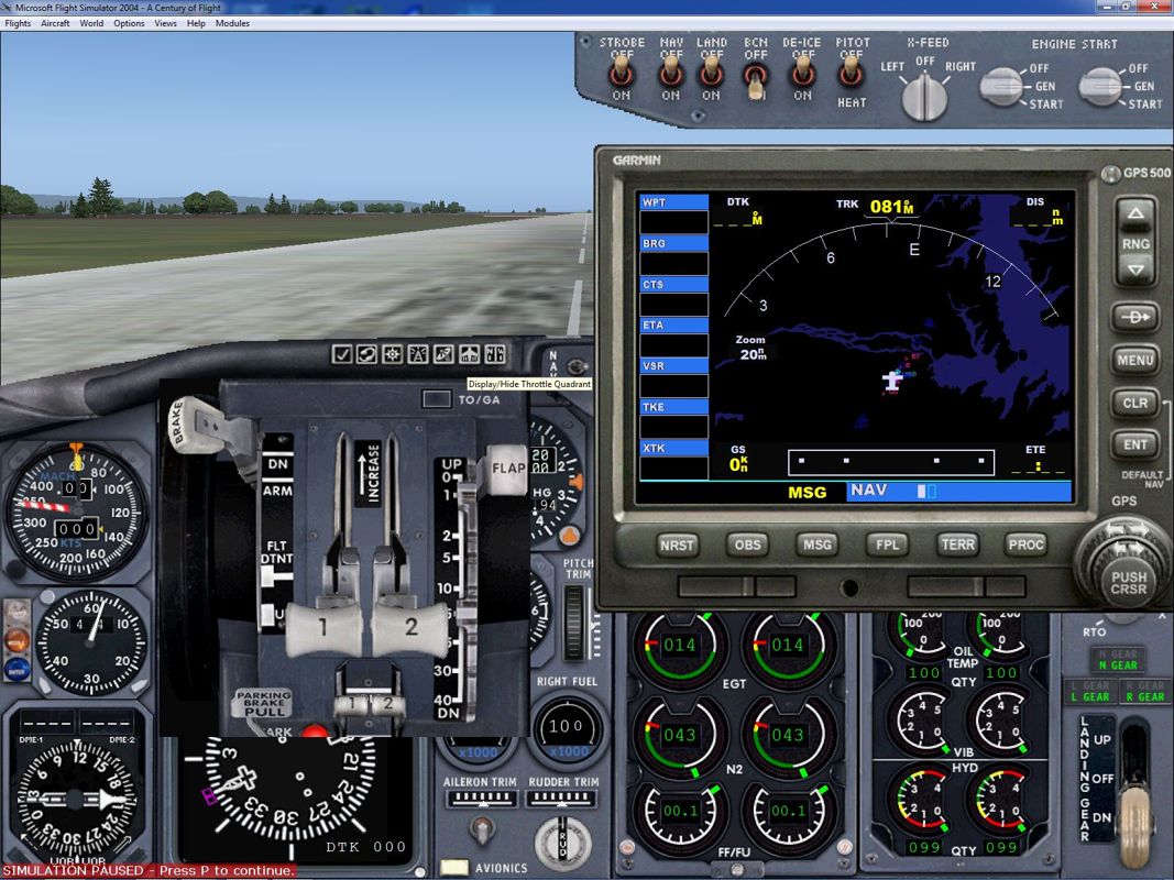 Microsoft Flight Simulator 2004: A Century of Flight (Windows) screenshot: Here the icons for the throttles and the GPS have been selected. The player can use the mouse to drag these panels around the screen so that they do not obscure the view
