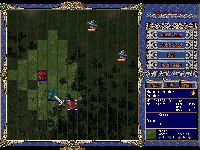 Battle of the Youstrass (Windows) screenshot: The Info screen in the lower right corner shows details of any unit selected