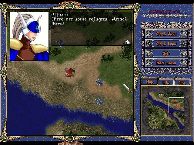 Battle of the Youstrass (Windows) screenshot: The game itself starts with a Kradion attack on the village of Rilf. It's easy to see that they are baddies because they're attacking unarmed refugees.