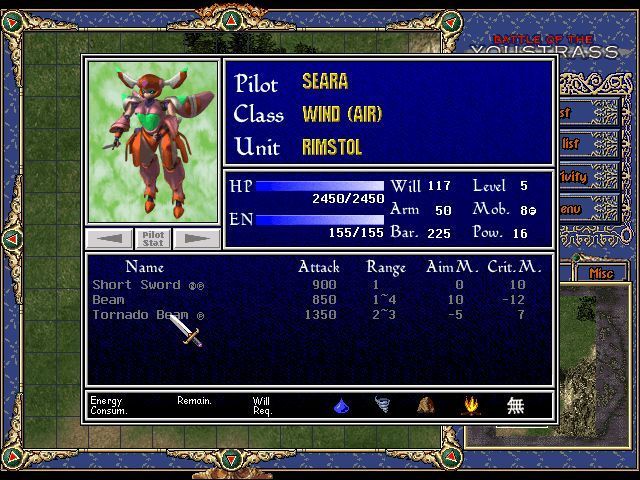 Battle of the Youstrass (Windows) screenshot: Seara's stats are pretty goon. her element is Air which means she can move quickly.