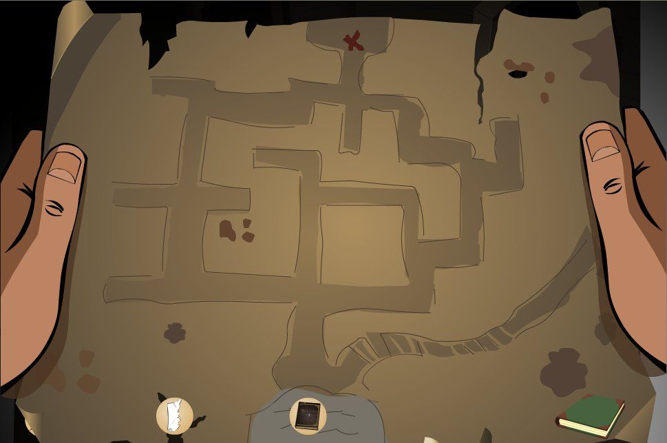 Arcane: Online Mystery Serial - The Miller Estate Episode 4 (Browser) screenshot: Prescott: what's this? A treasure map? We can be rich!... Oh sorry, wrong show. This isn't Treasure Island anyway