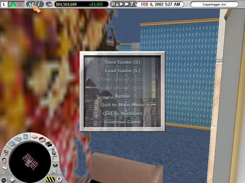 Hotel Giant (Windows) screenshot: The 'Exit' & Save Game screen