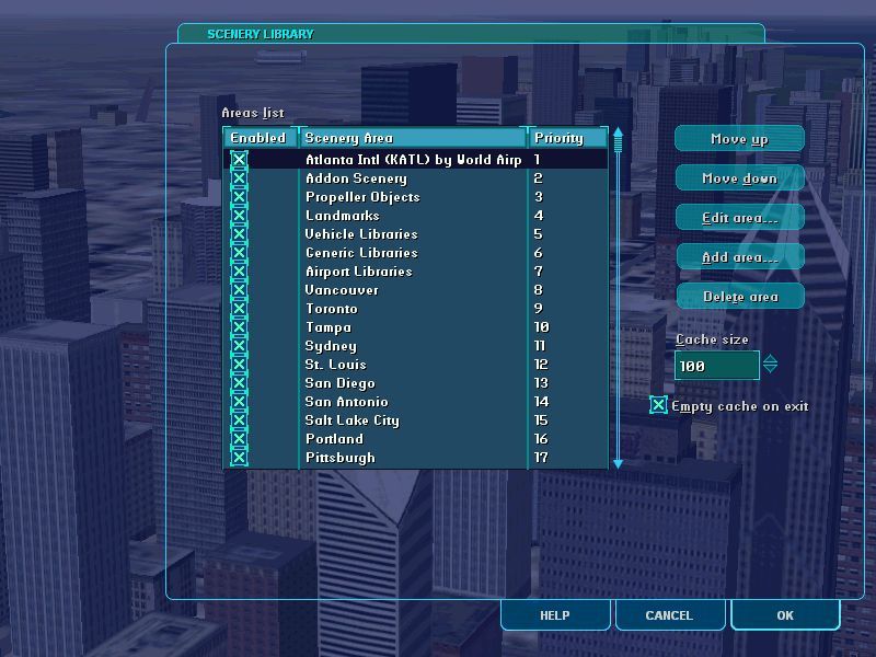 World Airports (Windows) screenshot: The airports can be installed all together or individually. Here the scenery library shows that just Atlanta airport has been installed