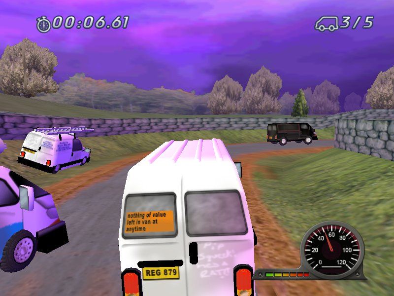 White Van Racer (Windows) screenshot: A very magenta night-time race. And by golly, is that a <strong>black</strong> van?
