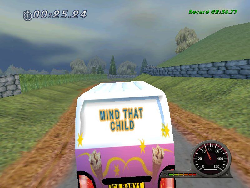 White Van Racer (Windows) screenshot: The infamous "mind that child" ice cream truck in gloomy weather.