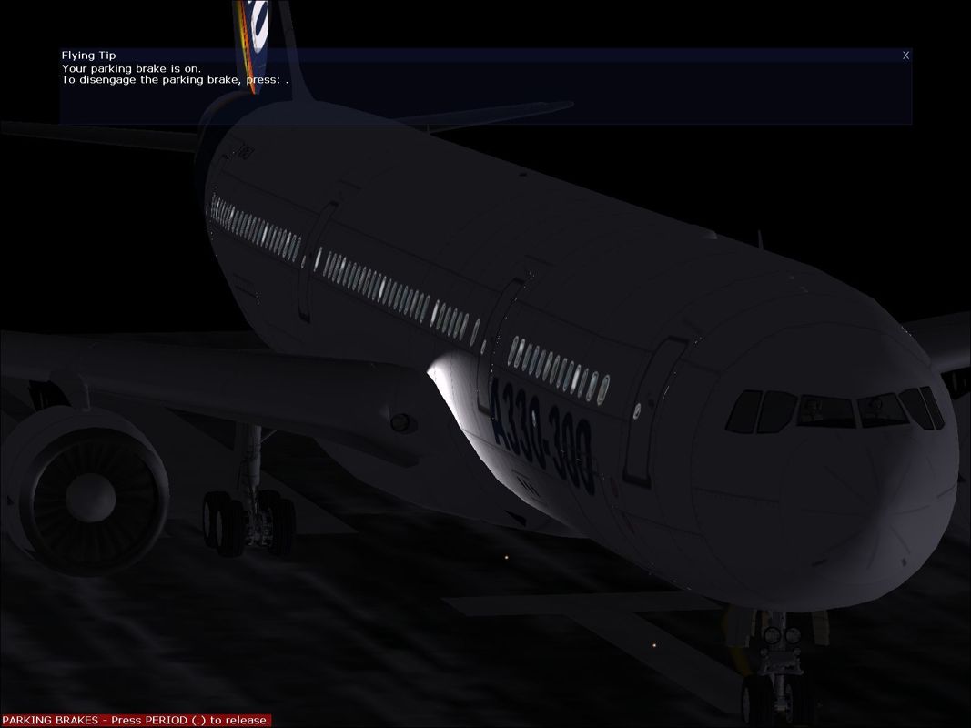 Aircraft: Collector's Edition (Windows) screenshot: This is the Airbus Industries A330 external view at night. Not 100% happy with the light escaping from the doors.