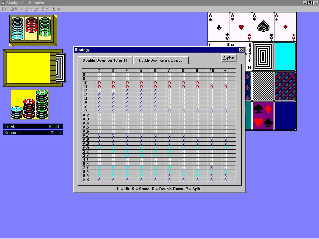 Blackjack Trainer (Windows) screenshot: The game has strategy tables to help the beginner decide what to do in any situation. The game allows the cards and the background to be customised hence the awful colour