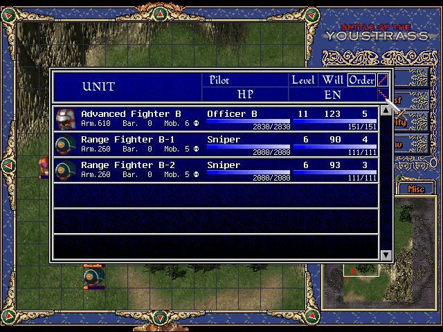 Battle of the Youstrass (Windows) screenshot: The menu screen allows the player to see the stats of all friendly and all enemy units