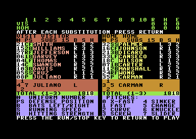 Steve Garvey vs. Jose Canseco in Grand Slam Baseball (Commodore 64) screenshot: The Team Rosters