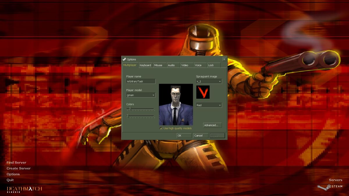 Deathmatch Classic (Windows) screenshot: The original marines are now various Half-Life characters. Seen here is G-Man