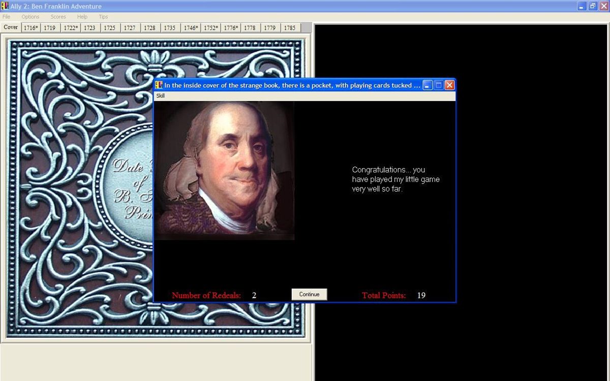 Ally 2: Ben Franklin Adventure (Windows) screenshot: After completing the puzzle Benjamin appears and congratulates the player.....