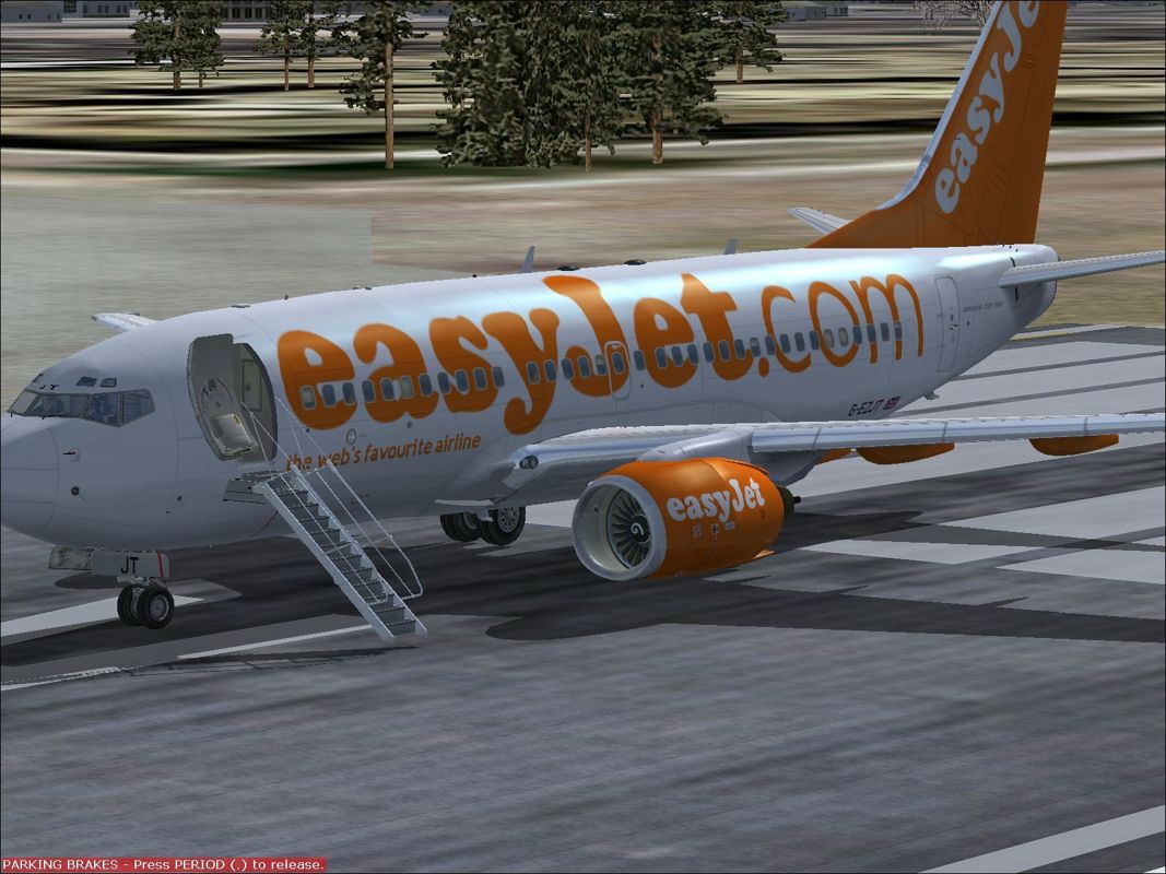 737 NG: 600 / 700 (Windows) screenshot: Some of the supplied aircraft have stairs. The player opens the exit door and deploys the stairs via keyboard commands.