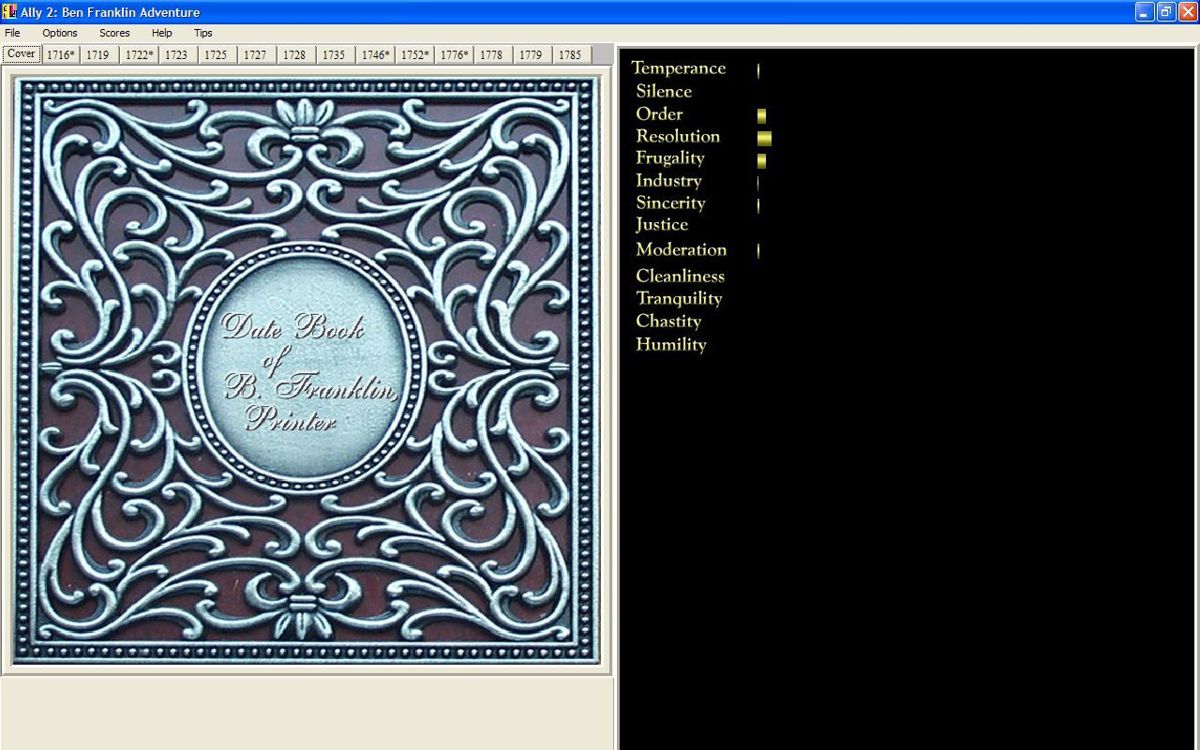 Ally 2: Ben Franklin Adventure (Windows) screenshot: In addition to the player's overall point score there's a point classification based on Benjamin's set of thirteen virtues.