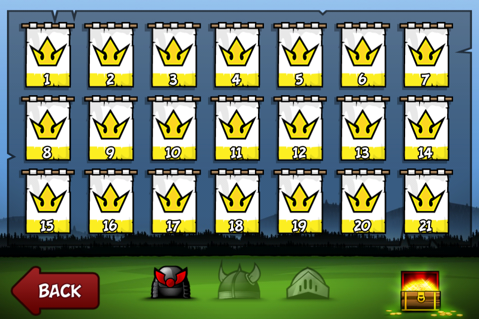 Siege Hero (iPhone) screenshot: The level select screen, a crown is a perfectly solved level